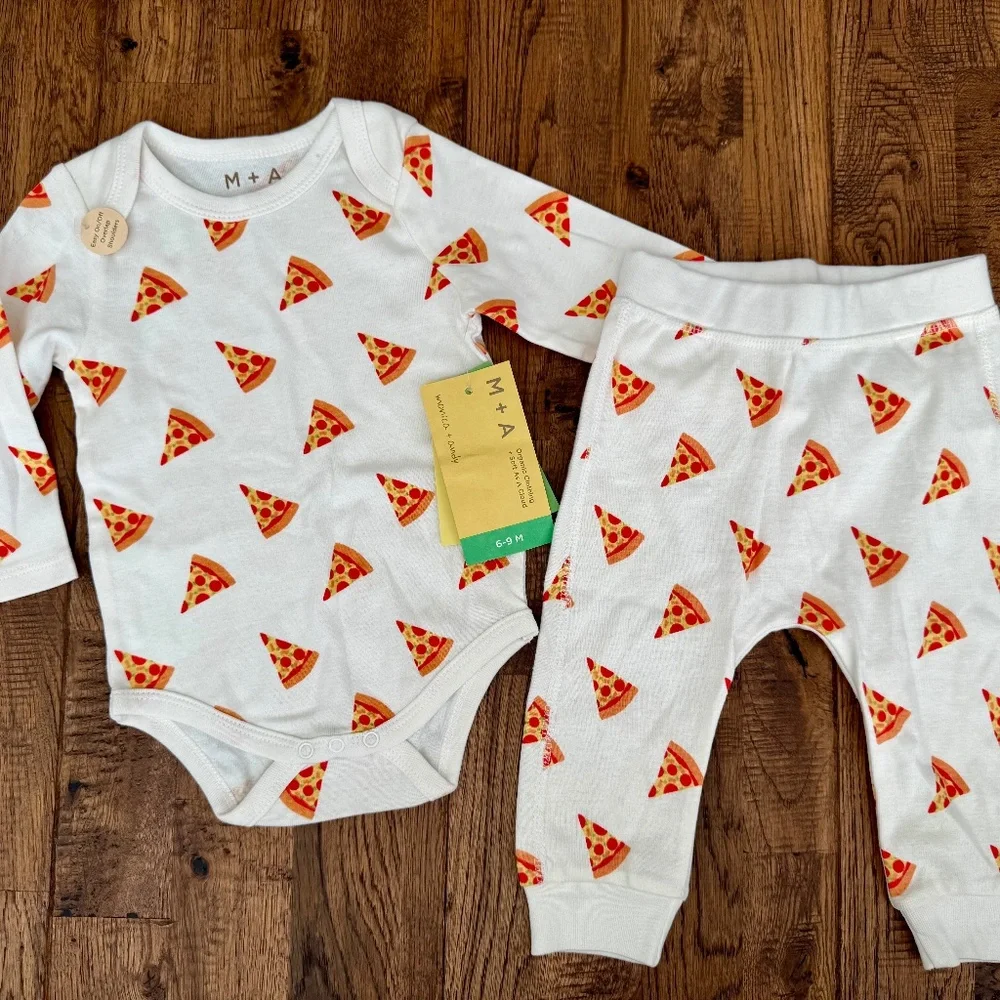 NWT M+A Monica and Andy Organic Cotton Pizza Bodysuit Pant Set Size 6-9 Months I